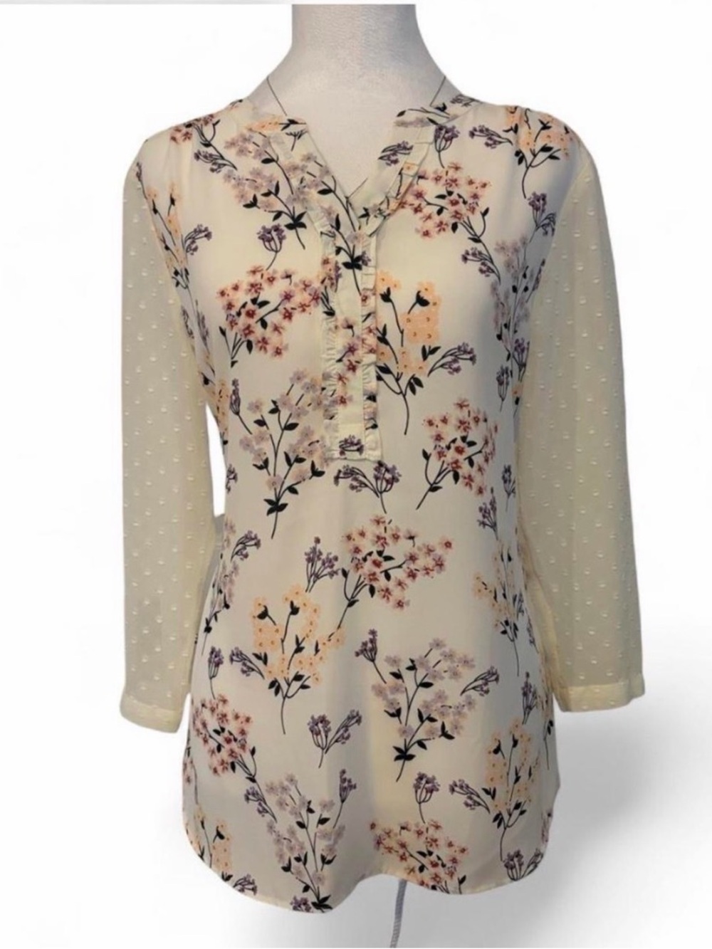 Van Heusen Cream Floral V-Neck Blouse with Swiss Dot Sleeves NWT